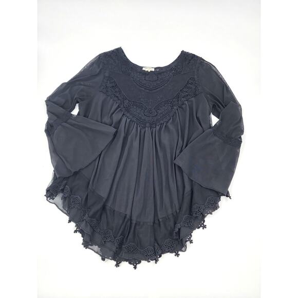 Ultra Pink Black Sheer Lace Boho Blouse | Bell Sleeve Romantic Top | Size L - Picture 4 of 6